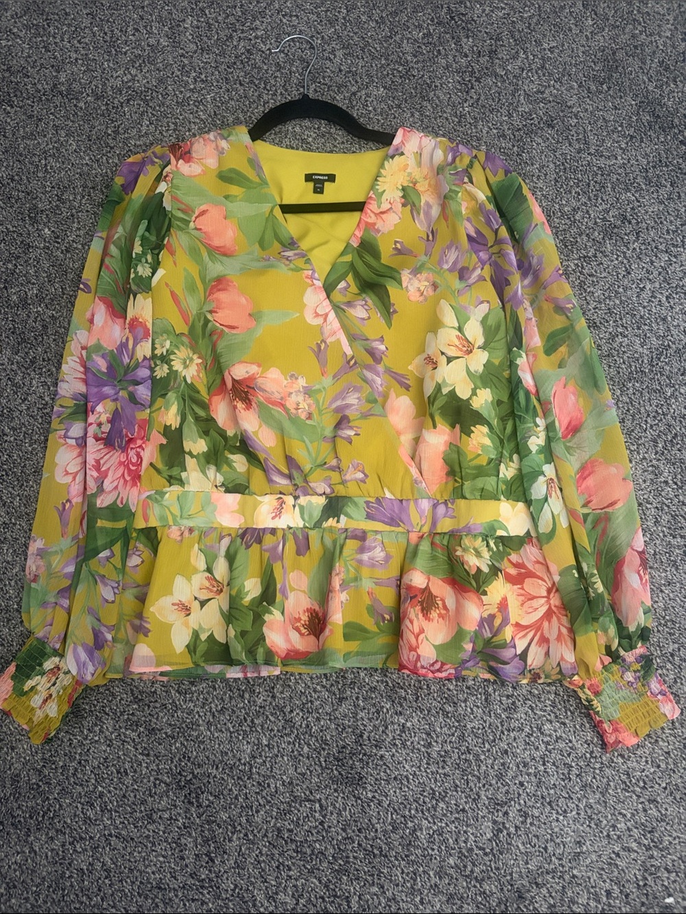 Express Floral Wrap Blouse - Yellow, Green, Pink, Purple